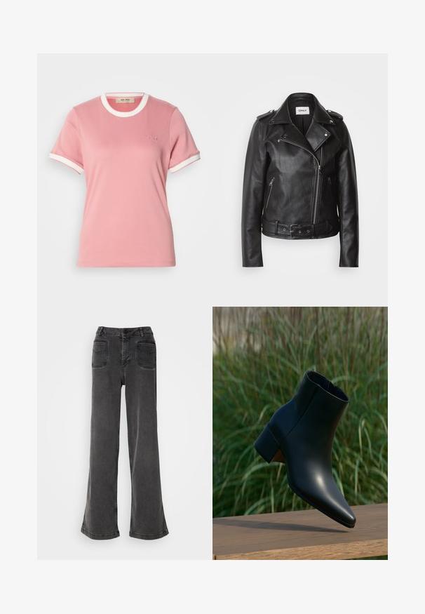 Veste de moto en cuir noir avec une fermeture éclair asymétrique, taille ceinturée et poches latérales zippées. Texture lisse avec des accents d'épaulettes.; T-shirt en coton rose clair avec col et ourlets de manches blancs à côtes. Présente un logo en relief subtil sur la poitrine. Manches courtes, encolure ronde.; Jean noir taille haute à jambes larges en denim, avec une fermeture à bouton, des passants de ceinture et deux poches arrière avec des accents cousus.; Bottine noire en cuir avec talon bloc, bout pointu, présentée au-dessus d'une surface en bois avec un fond flou d'herbe verte.