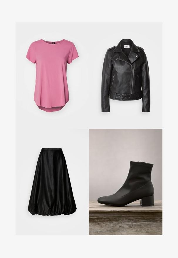Zwarte leren motorjack met een asymmetrische rits, een ceintuur in de taille en ritszakken aan de zijkant. Soepele textuur met epaulet-accenten.; Roze T-shirt met korte mouwen, een ronde hals, een ontspannen fit en een iets langere achterzijde. Gemaakt van zachte, gladde stof.; Zwarte satijnen midi rok met een volumineuze, ballonvorm. Gladde textuur en een aansluitende taille, ontworpen voor een vloeiende silhouet.; Zwarte enkellaars met een gladde, glanzende leren afwerking, een schuine blokhak en een aangesloten, elastische bovenzijde voor een gestroomlijnde uitstraling.