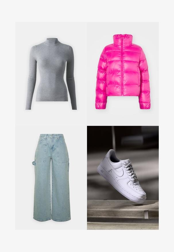 Veste courte en duvet rose vif avec un col haut, présentant une fermeture éclair frontale et une texture matelassée sur le corps.; Pull en maille à col roulé gris côtelé avec des manches longues. Présente un design ajusté et un col haut pour plus de chaleur.; The Ragged Priest LOW RISE - CARPENTER RELEASE - Jean boyfriend - light blue; Baskets Nike Air Force 1 blanches lévitant au-dessus d'une surface en béton avec des ombres dans un cadre minimaliste.