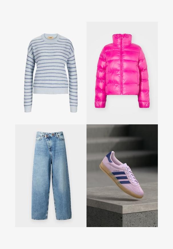 Chaqueta de plumas corta de color rosa brillante con cuello alto, que presenta una cremallera frontal completa y una textura acolchada en el cuerpo.; Suéter de punto azul claro con rayas horizontales en azul más oscuro. Presenta un escote redondo y puños y dobladillo acanalados. Textura suave.; ONLY ONLECHO WIDE UNEAVEN - Pernera ancha - medium blue denim; Zapatilla Adidas Gazelle de color morado claro con rayas azul marino y lengüeta en el talón, suela de goma, flotando sobre un saliente de piedra con escaleras borrosas al fondo.