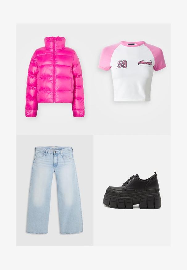 Chaqueta de plumas corta de color rosa brillante con cuello alto, que presenta una cremallera frontal completa y una textura acolchada en el cuerpo.; Camiseta recortada con cuerpo blanco y mangas raglán rosa. Presenta el logotipo bordado "59" y "ellesse" en negro y rosa en contraste.; Jeans de pierna ancha en un suave tono azul, confeccionados en denim. Presentan corte recto, diseño de cinco bolsillos y un cierre de botón en la cintura.; Zapatillas de plataforma negras con parte superior de cuero suave, cierre de cordones, suela de goma gruesa y un detalle de marca en el costado.