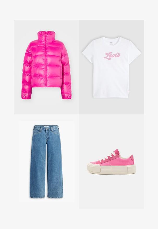 Chaqueta de plumas corta de color rosa brillante con cuello alto, que presenta una cremallera frontal completa y una textura acolchada en el cuerpo.; Camiseta blanca de manga corta con el logo rosa de "Levi's" en cursiva en el centro del pecho, mostrada sobre un fondo claro y liso.; Jeans de mezclilla de tiro alto en un suave tono azul claro, con pernera ancha, cinco bolsillos y una clásica cremallera de botones. Corte recto desde el muslo hasta el dobladillo.; Zapatillas de lona rosas con suelas de goma blanca, cordones planos y un diseño de plataforma ligeramente elevada. Detalles minimalistas en los laterales.