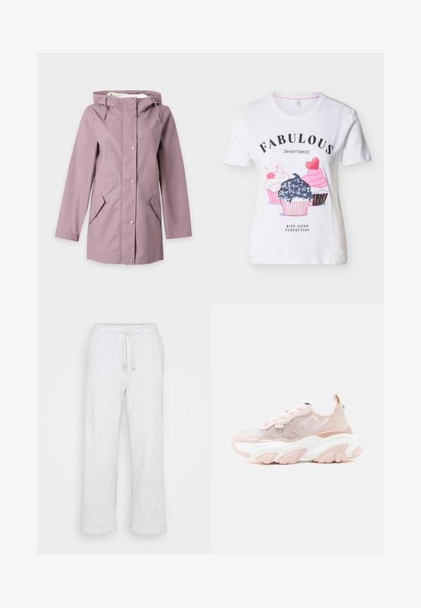 Impermeable con capucha de color púrpura claro, con botones a presión delanteros y bolsillos con solapa en ángulo, mostrado sobre un fondo liso.; Camiseta blanca de manga corta con tres cupcakes ilustrados y el texto "Dulzura fabulosa, perfección en tamaño bocado" en el frente.; Pantalones de chándal de algodón gris claro con cintura elástica y cordón, corte de pierna recta, sin logotipos ni patrones visibles.; Zapatilla deportiva gruesa en rosa pálido con tejido de malla, patrón floral, lentejuelas, suela blanca gruesa con dibujo rosa y cierre de cordones.