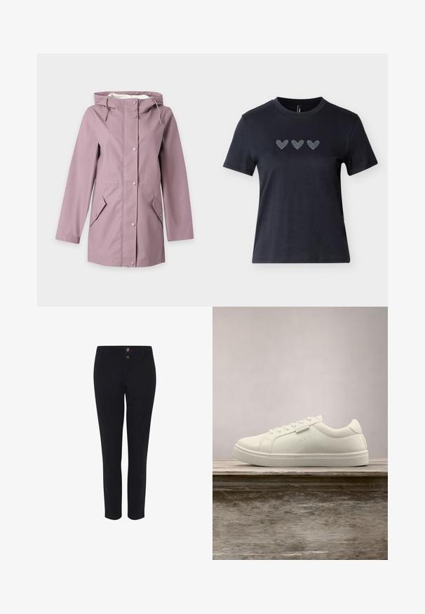 Imperméable à capuche violet clair avec boutons-pression sur le devant et poches à rabat inclinées, affiché sur un fond uni.; T-shirt noir à manches courtes en coton avec trois motifs de cœurs en strass alignés sur la poitrine, présentant une texture lisse.; Pantalons noirs sur mesure en tissu mélangé coton, avec deux boutons à l'avant, une coupe droite et une texture lisse. Aucun motif visible.; Baskets en cuir blanc avec des lacets flottant au-dessus d'un banc en bois, herbe verte haute floue en arrière-plan à l'extérieur.