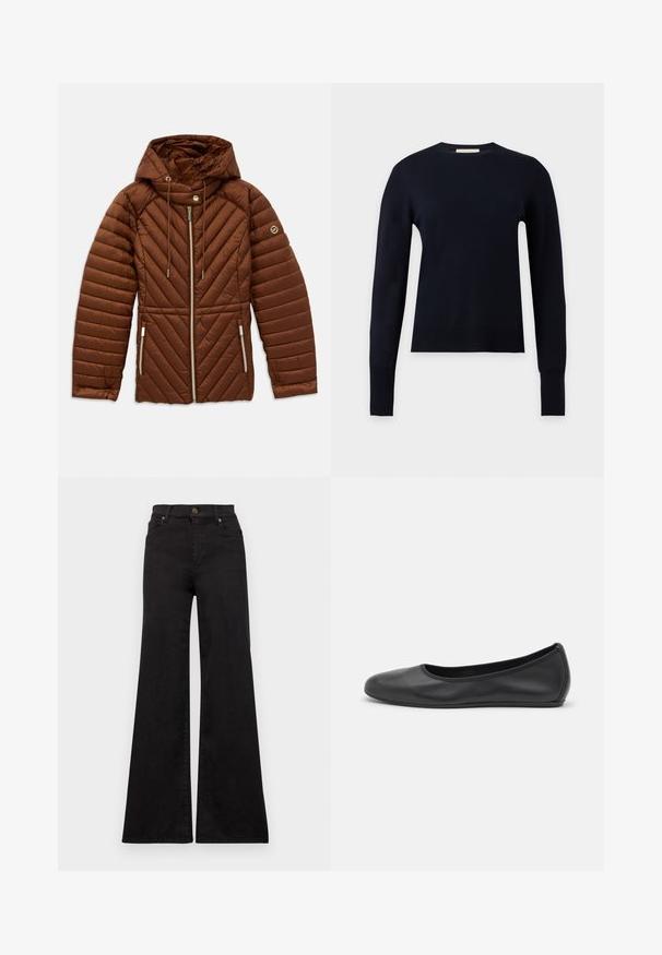 Brun quiltet jakke med hætte, frontlynlås, snoretræk, lynlåslommer på siden og logo-patch på venstre ærme.; Sort langærmet crew neck sweater med ribbet manchetter og kant, vist på en ensartet lysegrå baggrund.; Sorte flared jeans lavet af denim med høj talje, med forlommer og metaldele på knappen og nitterne.; Sort læderballetsko med rund tå, glat tekstur, minimal syning og et fleksibelt såldesign.