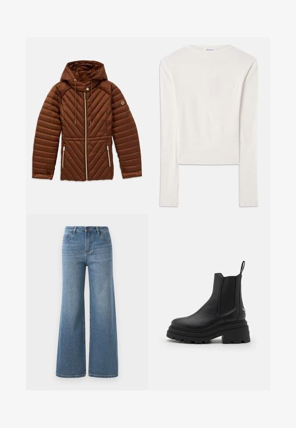 Veste matelassée marron avec capuche, fermeture éclair à l'avant, cordons de serrage, poches latérales zippées et patch logo sur la manche gauche.; Haut à manches longues blanc en coton, dotée d'un col ras du cou simple et d'une coupe ajustée. Le tissu est lisse avec une légère élasticité.; Jean en denim bleu clair à jambes larges avec une taille haute, fermeture à bouton et à glissière, et poches avant.; Bottines Chelsea noires en cuir lisse avec des panneaux latéraux élastiques, une semelle en caoutchouc épaisse et nervurée, et une languette à l'arrière.