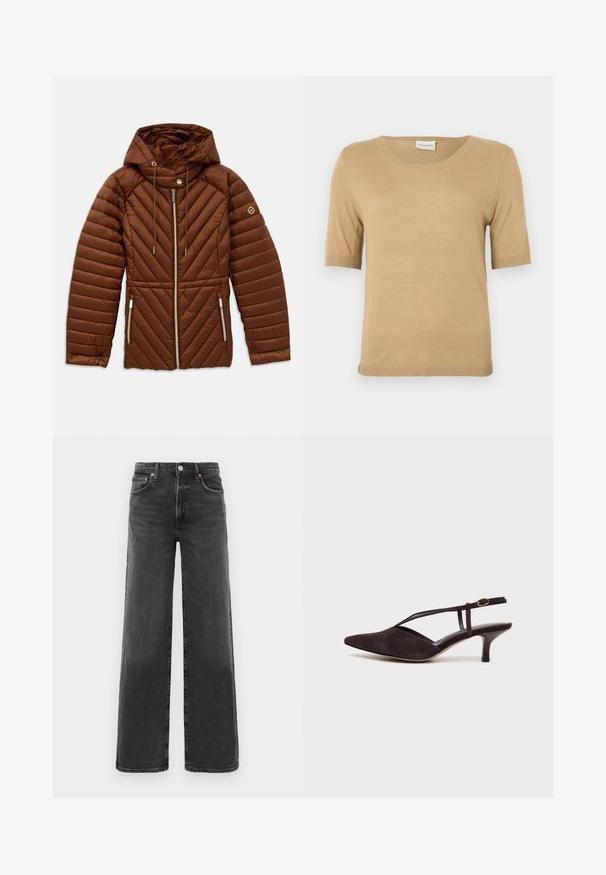 Brun quiltet jakke med hette, frontglidelås, snorer, glidelåslommer på sidene og logo-patch på venstre erme.; CLOSED CREW NECK SHORT SLEEVE - T-shirts - urban beige; Sorte høyhalsa rette denimjeans med knapp og glidelås foran, to frontlommer og to baklommer.; Mørkebrune semskede slingback sko med lav hæl, spiss tå og tynn ankelstropp med gullspenne, vist mot hvit bakgrunn.