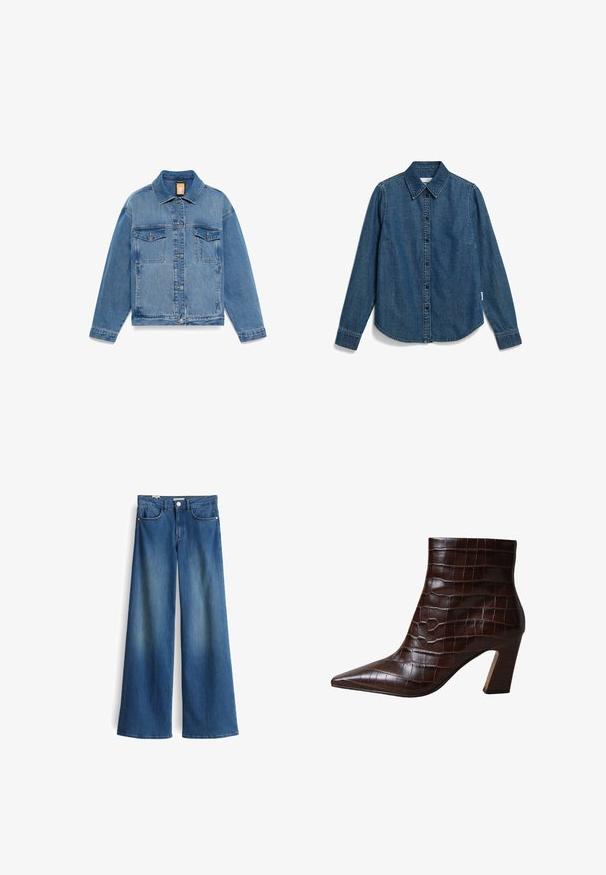 Timberland ARCHIVE INSULATED - Jeansjacke - medium blue; Dunkelblaues Denimhemd mit durchgehender Knopfleiste, Kragen, langen Ärmeln und abgerundetem Saum. Verfügt über klassische Nähte.; Weite Jeans aus Denim in Mittelblau mit glatter Textur. Verfügt über zwei Fronttaschen und einen klassischen Knopfverschluss in der Taille.; Brauner Stiefelette aus Kunstleder mit Krokodilprägung, spitzer Zehenpartie und Blockabsatz, mit strukturiertem Muster und glatter Oberfläche.
