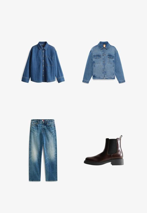 Timberland ARCHIVE INSULATED - Jeansjacke - medium blue; Jeanshemd, hellblau, langärmlig, Knopfleiste vorne, Kragen, eine Brusttasche, kontrastierende Nähte und ein lässiger Schnitt.; Jeans aus Denim in Hellblau mit ausgeblichenen Akzenten, gerades Bein Design, fünf Taschen, Knopfverschluss und kontrastierenden Nähte.; Braune Leder-Boots mit elastischen Seitenteilen, runder Spitze und einer strukturierten schwarzen Gummisohle. Verfügt über kontrastierende Nähte und eine Ziehlasche.