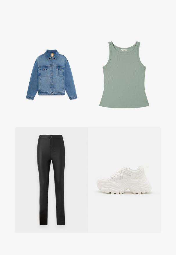 Timberland ARCHIVE INSULATED - Spijkerjas - medium blue; Mouwloos geribd tanktop in gedempt groen met een ronde halslijn en lichte uitlopende zoom, plat gelegd op een witte achtergrond.; Zwarte legging gemaakt van rekbaar, glad materiaal met een aansluitend ontwerp, voorzien van een voorknop en ritssluiting, en rechte pijpen.; Witte chunky sneakers met een textuur bovenwerk, meshpanelen en dikke rubberen zolen met een uitgesproken profiel. Inclusief veters en een aantreklip.