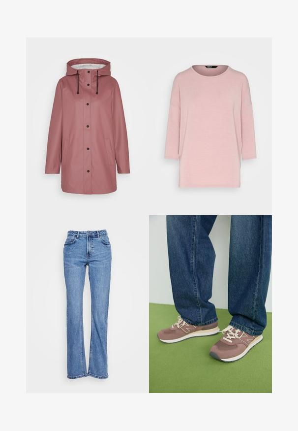 Imperméable rose clair, avec capuche, cordons de serrage noirs, boutons-pression et deux poches latérales. Texture lisse avec une coupe décontractée.; ONLY ONLGLAMOUR 3/4 TOP JRS NOOS - T-shirt à manches longues - withered rose; Jeans en denim bleu avec une coupe droite, taille haute et cinq poches. Le tissu présente un délavage et un léger effet de froissement.; Baskets marron et mauve avec des lacets blancs et une semelle beige. Portées avec un jean en denim bleu, sur un fond vert.
