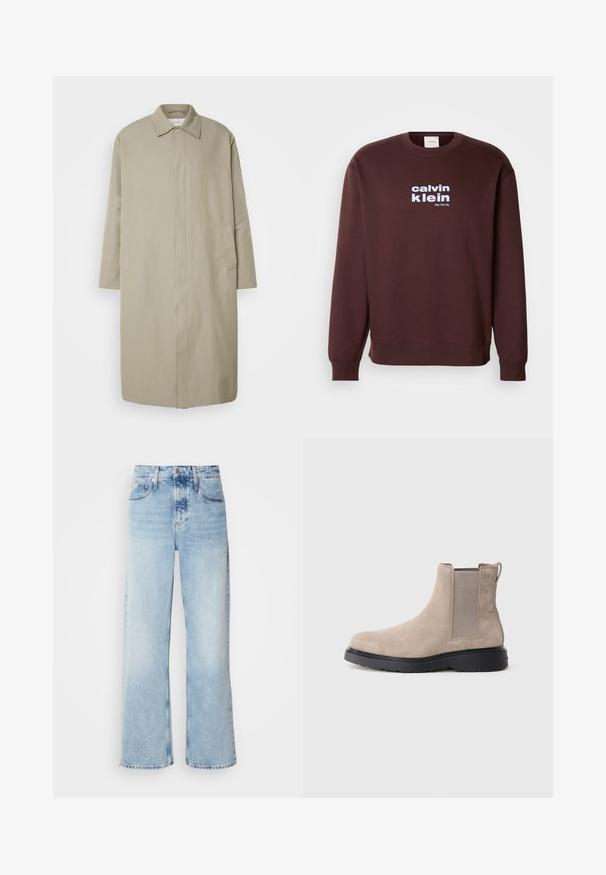 Manteau long beige en tissu léger avec une coupe droite, col pointu et poches latérales ; design minimaliste sans fermetures visibles.; Sweatshirt brun à col rond en coton, présentant un logo blanc "calvin klein" et "New York City" imprimé sur le devant en lettres grasses.; Jean large bleu clair à taille haute, avec une finition délavée, des passants de ceinture et un design classique à cinq poches. L'ourlet est brut.; Bottine Chelsea en daim beige avec des panneaux élastiques sur les côtés, une languette de tirage et une semelle en caoutchouc noir. Design élégant avec un bout arrondi.