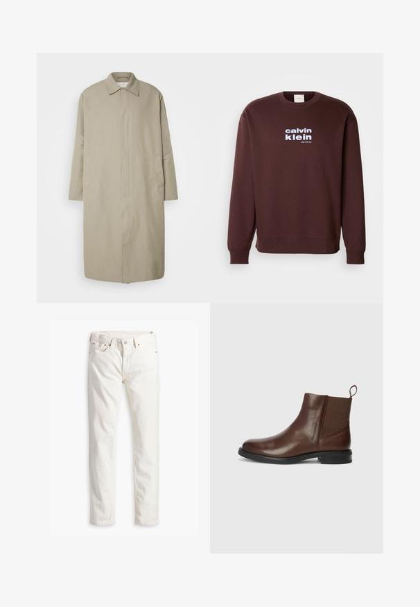 Beiger langer Mantel aus leichtem Stoff mit geradem Schnitt, Punktkragen und seitlichen Taschen; minimalistisch gehaltenes Design ohne sichtbare Verschlüsse.; Brauner Rundhalsausschnitt-Pullover aus Baumwolle mit einem weißen Logo "calvin klein" und "New York City", das in fetter Schrift auf der Vorderseite gedruckt ist.; Weiße Jeans im geraden Schnitt, fünf Taschen, Kupferknopf und Nieten sowie einem dezent strukturierten Stoff. Keine sichtbaren Muster.; Braune Lederstiefelette mit elastischen seitlichen Einsätzen, runder Zehenform und niedrigem schwarzen Absatz. Verfügt über eine Zuglasche für einfaches An- und Ausziehen.