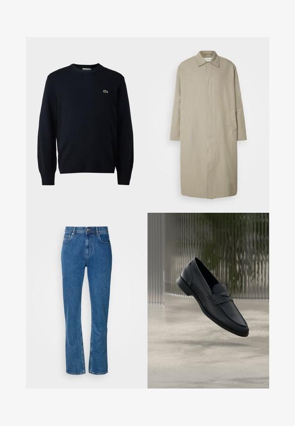Beige lang jakke lavet af letvægtsstof med lige snit, spids krave og sidelommer; minimalistisk design uden synlige lukninger.; Marine crew-neck sweater lavet af blødt materiale, med ribbede manchetter og kant. Lille grønt Lacoste-logo på brystet.; Blå denim jeans med lige ben-design, der har en knap-åbning, fem-lomme stil og en let slidt finish.; Sort læderloafer med glat finish, spids tå og sømdetaljer over vristen. Lav hæl og minimalistisk design.