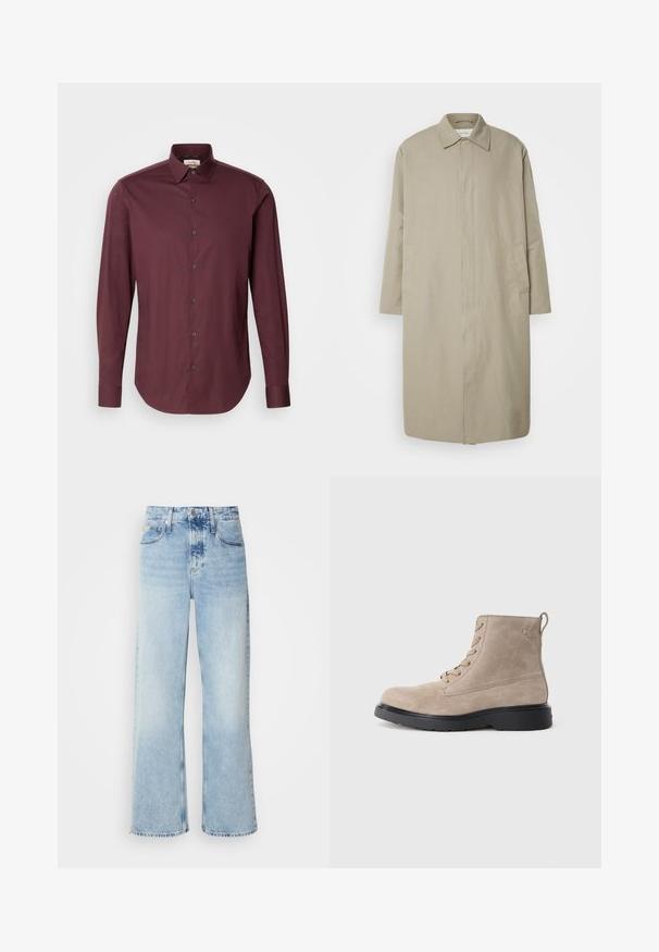 Beige lang jakke lavet af letvægtsstof med lige snit, spids krave og sidelommer; minimalistisk design uden synlige lukninger.; Calvin Klein SLIM - Skjorter - bordeaux; Lysblå vide jeans med høj talje, der har en falmet finish, bæltestropper og klassisk fem-lomme design. Kantene er rå.; Beige ruskindsankelstøvler med sort gummisål, snørelukning og et lille logo præget på siden, med en løftestrop bagpå.