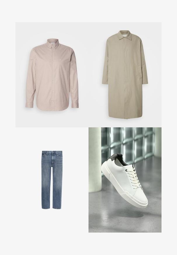 Beige lang jakke lavet af letvægtsstof med lige snit, spids krave og sidelommer; minimalistisk design uden synlige lukninger.; Beige langærmet skjorte med knaplukning og hvide lodrette striber, spids krave og et lille broderet logo på brystet.; Blå straight-leg denim jeans med forlommer, bæltestropper og knaplukning.; Hvid lav tå-sneaker med sort struktureret hælfane, hvide snørebånd og tyk sål på en poleret betongulv nær glasblokke.