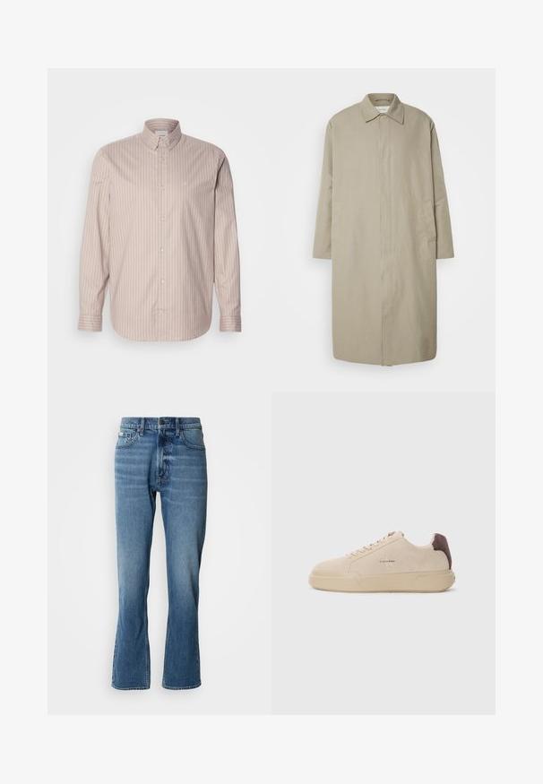 Beige lang jakke lavet af letvægtsstof med lige snit, spids krave og sidelommer; minimalistisk design uden synlige lukninger.; Beige langærmet skjorte med knaplukning og hvide lodrette striber, spids krave og et lille broderet logo på brystet.; Lyseblå denim jeans med lige pasform og let flare. Har fem lommer, knaplukning og subtile slidte detaljer.; Beige ruskind sneakers med rund tå, snørret foran og en brun ruskindsdetalje på hælen. Har en tekstureret gummisål.