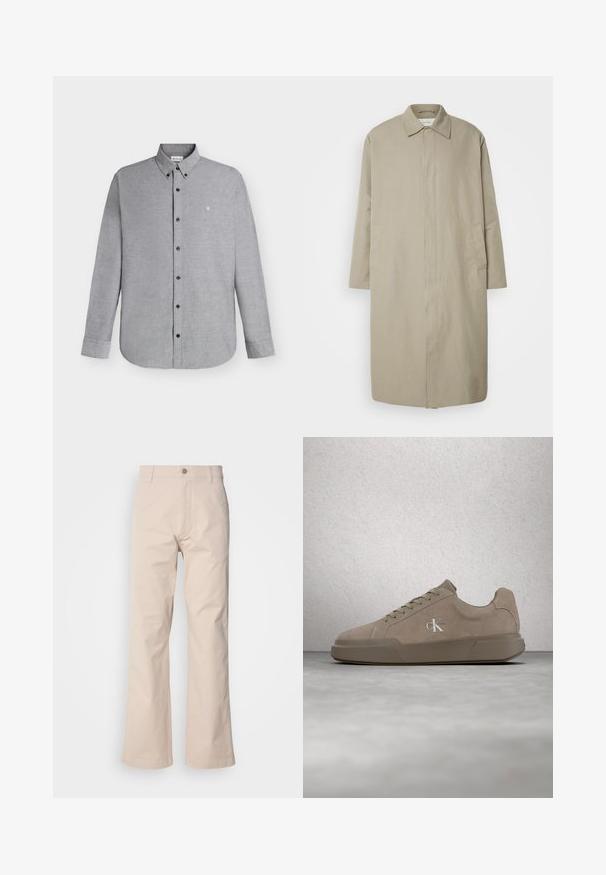 Beige dlhý kabát z ľahkého materiálu s rovným strihom, špicatým golierom a bočnými vreckami; minimalistický dizajn bez viditeľných zapínaní.; Svetlosivá košeľa s dlhým rukávom na gombíky s golierom na gombíky a malým vyšívaným logom "cK" na ľavej strane hrudníka.; Béžové bavlnené nohavice s rovnými nohavicami, so zapínaním na gombík, prednými vreckami a minimálnym detailom šitia.; Béžová semišová teniska so šnúrkami a logom "ck", zobrazená ako levitujúca nad leštenou betónovou podlahou s pozadím zo sklenených blokov.