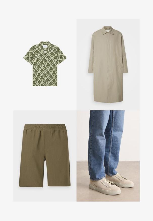Beiger langer Mantel aus leichtem Stoff mit geradem Schnitt, Punktkragen und seitlichen Taschen; minimalistisch gehaltenes Design ohne sichtbare Verschlüsse.; Kurzärmeliges Hemd mit grünem Blumenmuster auf einem hellbeigen Hintergrund. Verfügt über einen Kragen und ein Etikett mit der Aufschrift "Les Deux".; Samsøe Samsøe SMITH - Shorts - four leaf clover; BOSS GARYTENN_SDHDEL - Sneaker low - natural ten