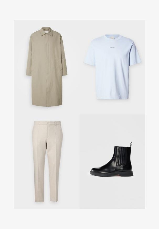 Beiger langer Mantel aus leichtem Stoff mit geradem Schnitt, Punktkragen und seitlichen Taschen; minimalistisch gehaltenes Design ohne sichtbare Verschlüsse.; Hellblaues Baumwoll-T-Shirt mit rundem Ausschnitt und kurzen Ärmeln, versehen mit einem kleinen schwarzen "Calvin Klein"-Logo auf der Brust.; Beige maßgeschneiderte Hosen aus strukturiertem Stoff, mit klassischem Schnitt, Bügelfalten und Eingrifftaschen.; Schwarze Lederstiefelette mit elastischen Seiteneinsätzen, runder Zehenpartie, niedrigem Blockabsatz und Zuglasche. Verfügt über eine glänzende Textur und ein elegantes Design.