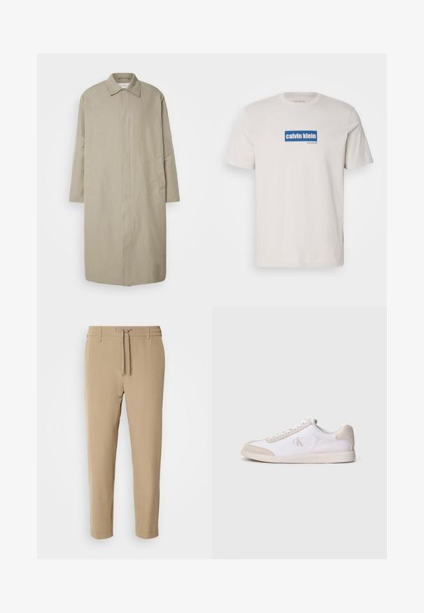 Beige dlhý kabát z ľahkého materiálu s rovným strihom, špicatým golierom a bočnými vreckami; minimalistický dizajn bez viditeľných zapínaní.; Biela bavlnená tričko s modrým obdĺžnikovým logom, na ktorom je v bielom texte "calvin klein" a "new york city" na prednej strane. Klasický strih.; Bežové, zúžené nohavice s elastickým pásom a šnúrkou. Hladká látka s čistým dizajnom a bez viditeľných vzorov alebo kovania.; Biela a béžová nízka teniska so šnurovaním vpredu, semišovými akcentmi a logom "cK" na boku, zobrazená v profile na jednoduchom pozadí.