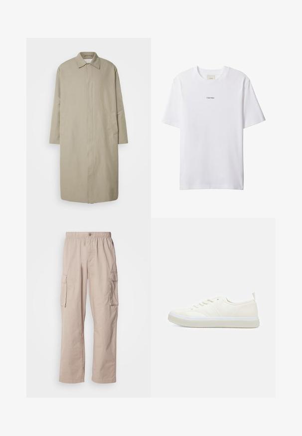 Beiger langer Mantel aus leichtem Stoff mit geradem Schnitt, Punktkragen und seitlichen Taschen; minimalistisch gehaltenes Design ohne sichtbare Verschlüsse.; Weißes Baumwoll-T-Shirt mit Rundhalsausschnitt und kurzen Ärmeln. Auf der Brust zentriert befindet sich ein kleines schwarzes "Calvin Klein"-Logo.; Beige Cargo-Hosen mit einem lockeren Schnitt, elastischem Bund, Knopfverschluss und Seitentaschen. Gefertigt aus leichtem Stoff mit einer glatten Textur.; Calvin Klein TOP LACE UP UNIFIT - Sneaker low - salt bay