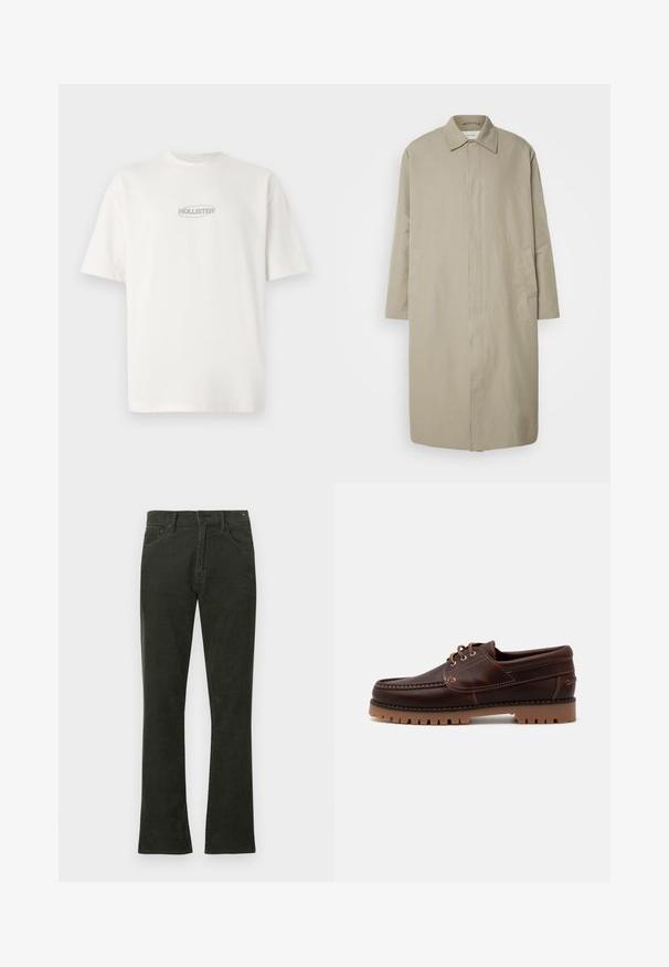 Beige lange jas van lichtgewicht stof met een rechte snit, puntkleur en zijzakken; minimalistisch ontwerp zonder zichtbare sluitingen.; Witte katoenen t-shirt met een ronde hals en korte mouwen, voorzien van een klein grijs "HOLLISTER" logo gecentreerd op de borst.; Donkergroene corduroybroek met rechte pijpen, voorzien van vijf zakken en metalen sluitingen. De textuur van de stof is zichtbaar.; Bruine leren bootschoen met stikdetails, vetersluiting en robuuste rubberen zool met textuurprofielen voor grip.