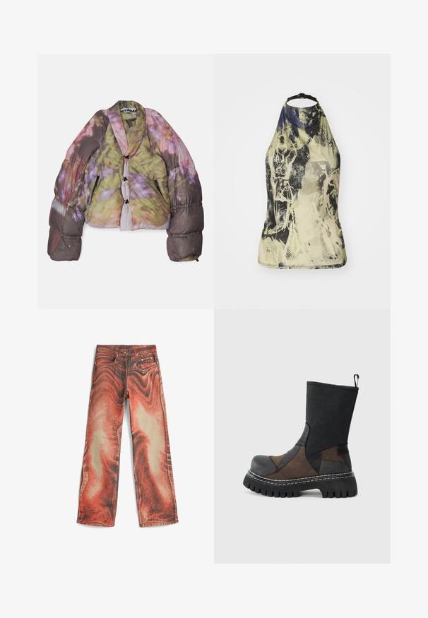 Puffy jakke med blomstermønster i nuancer af grøn, pink og lilla. Den har en sjalkrave og knaplukninger.; Halter-neck top i et lyst, abstrakt print med grønne, gule og blå nuancer. Har en sort justerbar strop og et tætsiddende design.; Denim jeans med et dristigt rødt og beige swirl-mønster, bred ben-design, forlommer og traditionel knap-og lynlås lukning.; Lappet sorte og brune midt-læg støvler med tyk sål og træksløjfe bagpå, vist i sideprofil på en hvid baggrund.
