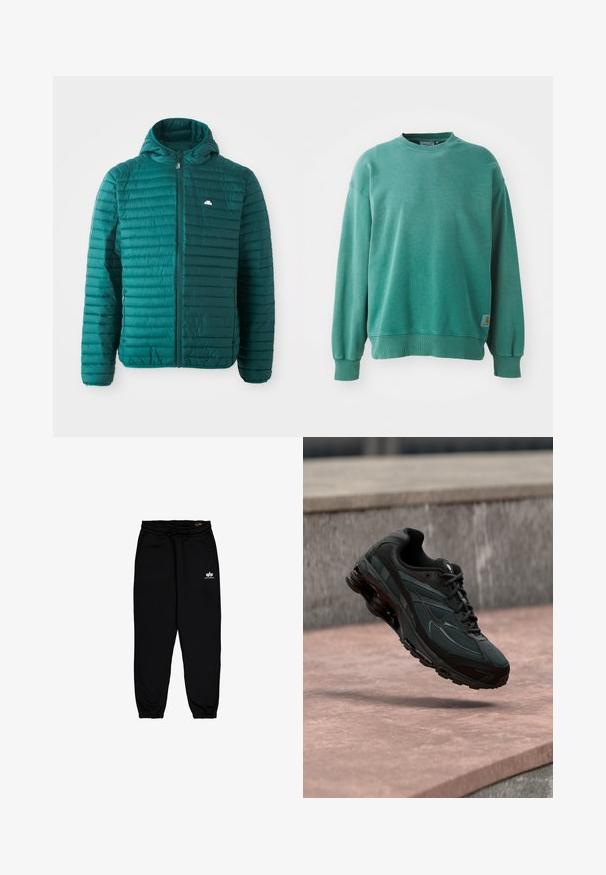 Veste courte en teal, design matelassé avec des bandes horizontales, fermeture éclair à l'avant et capuche. Présente un petit logo sur la poitrine. Texture légère.; Sweatshirt vert à col rond fabriqué en mélange de coton. Il présente des poignets et un ourlet côtelés, une coupe décontractée, et une petite étiquette logo sur le bas à gauche.; Pantalons de jogging noirs en tissu doux et extensible. Comprend une taille élastique avec cordon de serrage et des poignets élastiques. Petit logo blanc sur la hanche.; Baskets athlétiques noires avec une semelle intercalaire à coussin d’air visible flottant au-dessus d’une surface en pierre rose avec un mur en pierre gris en arrière-plan.