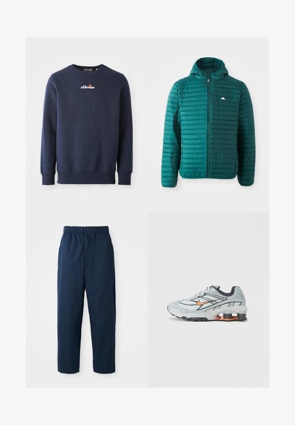 Teal pufferjakke, quiltet design med horisontale striber, frontlynlås og hætte. Har et lille logo på brystet. Letvægts tekstur.; Marineblå sweatshirt lavet af et blødt stof, med rund hals og ribbede manchetter. Brolagt "ellesse"-logo med farvede akcenter.; Marineblå bukser lavet af glat stof, med en elastisk talje og en knap, lige ben og uden synlige mønstre eller hardware.; Lyst grå løbesko med sorte detaljer, orange logo, mesh-overdel, polstret krave og gummisål med synlige stødabsorberende enheder.
