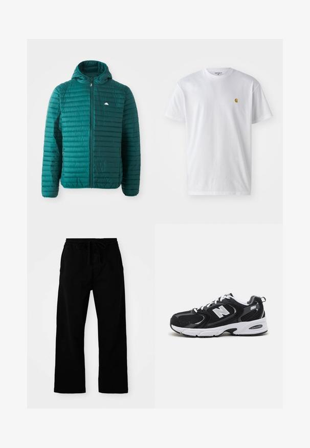 Teal pufferjakke, quiltet design med horisontale striber, frontlynlås og hætte. Har et lille logo på brystet. Letvægts tekstur.; Hvid bomulds t-shirt med korte ærmer, rund hals og et lille guld logo på venstre brystområde. Blød tekstur og almindelig pasform.; Sorte bukser med elastisk talje og justerbar snor, brede ben og en glat bomulds struktur. Ingen synlige mønstre eller hardware detaljer.; Sorte og grå sportssko med mesh og ruskind på overdelen, der har en hvid mellemsål, snørebånd og et iøjnefaldende "N" logo på siden.