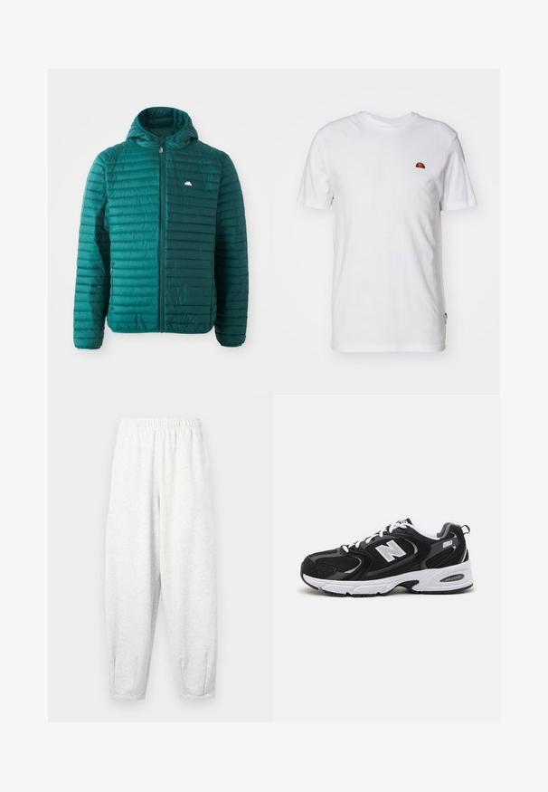 Veste courte en teal, design matelassé avec des bandes horizontales, fermeture éclair à l'avant et capuche. Présente un petit logo sur la poitrine. Texture légère.; T-shirt blanc uni à manches courtes avec un petit logo en demi-cercle rouge et orange sur la partie supérieure gauche de la poitrine.; Pantalons de survêtement gris clair en tissu doux, avec une taille élastique, des jambes fuselées et des poignets au niveau des chevilles. Conception simple sans motifs.; Baskets de sport noires et grises avec un tige en mesh et en suède, présentant une semelle intermédiaire blanche, des lacets et un logo "N" audacieux sur le côté.