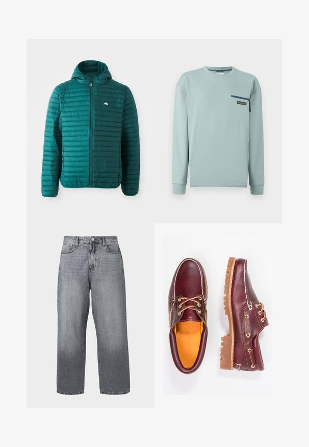 Teal pufferjakke, quiltet design med horisontale striber, frontlynlås og hætte. Har et lille logo på brystet. Letvægts tekstur.; Lyseblå langærmet skjorte med rund hals og lille lynlåslomme på brystet med Columbia-logo på højre side.; Grå denim bred-benede jeans med høj talje, fem-lomme design og metal lukning. Stof viser let falmning nær kanten.; Bordeaux lædersko med brune gummisåler, rund tå, hvid syning og gyldne snøringer. Indersiden har et gult for.
