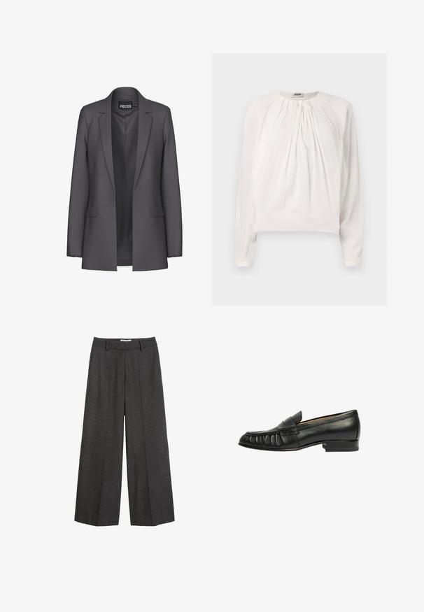 Grå blazer med skræddersyet design, skarpe revers og to frontlommer. Lavet af glat stof med en ren, moderne pasform.; Hvid langærmet bluse med rund halsudskæring og plisseret front. Blødt, glat stof med afslappet pasform og knapdetalje ved kraven.; Bredde bukser i mørkegrå stof. Har en skræddersyet talje med bæltesløjfer, glat tekstur og minimale syninger som detaljer.; Scarosso Loafers - black calf