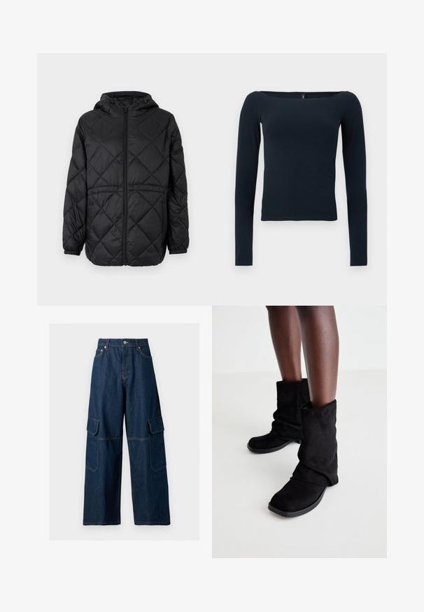 Schwarze gesteppte Daunenjacke mit Kapuze, Frontreißverschluss und elastischen Bündchen. Sie verfügt über ein lineares Rautenmuster auf dem Obermaterial.; Marineblaues, langärmliges, figurbetontes Oberteil mit weitem, quadratischem Ausschnitt ohne sichtbare Muster oder Logos.; Dunkelblaue, weit geschnittene Denim-Cargohosen mit Knopfverschluss vorne, Reißverschluss und Klappentaschen an beiden Oberschenkeln.; Schwarze Wildleder-Ankle Boots mit einem lässigen Design, flacher Sohle und quadratischer Zehenpartie, präsentiert auf dunklen Beinen vor einem hellen Hintergrund.