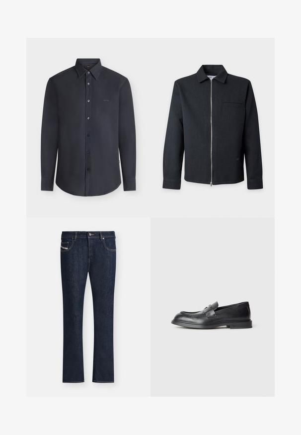 Veste noire à manches longues avec col, fermeture éclair argentée intégrale à l’avant, et une poche poitrine unique, présentée sur un fond gris clair.; Chemise noire à manches longues boutonnée avec col, avec le logo « BOSS » sur la poitrine, présentée sur un fond clair uni.; Jean en denim bleu foncé à coupe droite avec poches avant, passants de ceinture et fermeture à boutons sur fond blanc.; Mocassins en cuir noir avec une finition texturée, dotés d'une bride décorative à l'avant et d'un bout arrondi. Semelle en caoutchouc pour plus de durabilité.