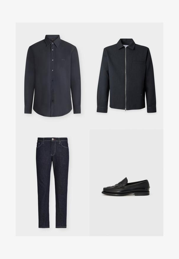 Veste noire à manches longues avec col, fermeture éclair argentée intégrale à l’avant, et une poche poitrine unique, présentée sur un fond gris clair.; Chemise noire à manches longues boutonnée avec col, avec le logo « BOSS » sur la poitrine, présentée sur un fond clair uni.; Jean droit en denim bleu foncé avec poches avant, fermeture à boutons et coutures blanches visibles.; Mocassin en cuir noir avec un détail tissé à l'avant, bout arrondi et petit talon. Texture lisse et design minimaliste.