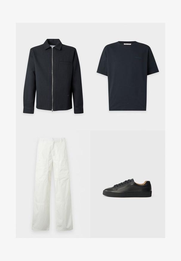 Veste noire à manches longues avec col, fermeture éclair argentée intégrale à l’avant, et une poche poitrine unique, présentée sur un fond gris clair.; T-shirt noir à manches courtes et col rond avec un petit texte "Tiger of Sweden" bleu foncé sur la poitrine gauche.; Pantalon blanc à jambes larges avec taille boutonnée et deux grandes poches cargo boutonnées sur les cuisses, présenté à plat sur fond blanc.; Baskets basses en cuir noir avec surface texturée, lacets noirs et semelle en caoutchouc épaisse, présentées de côté sur un fond clair.