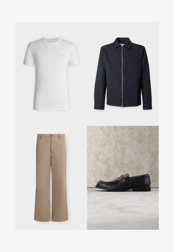 Veste noire à manches longues avec col, fermeture éclair argentée intégrale à l’avant, et une poche poitrine unique, présentée sur un fond gris clair.; T-shirt blanc à manches courtes et col rond avec petit logo GUESS embossé sur le côté gauche de la poitrine, présenté sur un fond clair uni.; Pantalon beige droit avec fermeture par bouton et zip, passants pour ceinture et poches latérales sur fond uni.; Mocassin en cuir noir avec une plaque de marque en métal reposant près d'une table ronde marron sur un sol recouvert de moquette beige.
