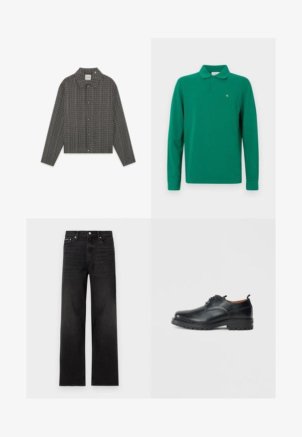 Veste-chemise pour homme à manches longues, en tissu gris à carreaux, avec boutons sur le devant et col. Coupe ajustée avec un motif à carreaux subtil.; Polo vert à manches longues en coton, doté d'un col classique, d'une patte de boutonnage à deux boutons et d'un petit logo CK jaune sur la poitrine.; Jean noir droit avec cinq poches, passants pour ceinture et fermeture par bouton, présenté sur un fond blanc.; Chaussures derby en cuir noir avec une texture lisse, bout rond, design à lacets et une semelle en caoutchouc épaisse et robuste.