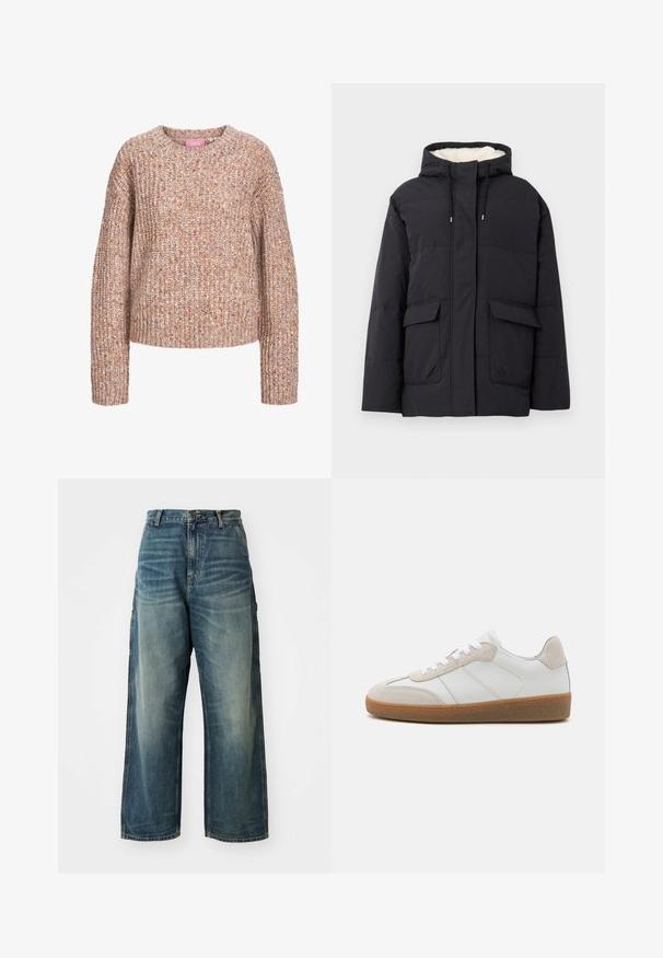 Sort polstret vinterjakke med frontlommer, hætte med snoretræk og hvid fleece-foring indeni hætten.; Chunky striktrøje i nuancer af beige og lys brun, med rund halsudskæring og lange ærmer med en tekstureret finish.; Bredde ben denim jeans i en falmet blå vask. Har en knaplukning, fem lommer og synlige sømme. Materialet har en glat tekstur.; Hvide lædersneakers med beige ruskindsdetaljer, struktureret tunge og gummisål. Har hvide snørebånd og diskrete stikninger.