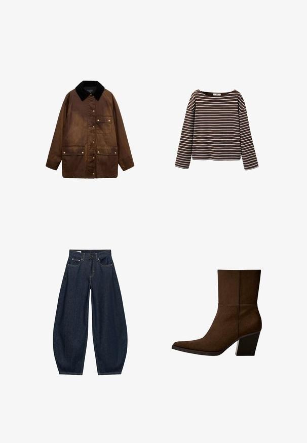 Bruine gewaxte katoenjas met een zwarte corduroy kraag, vooraan drukknoopsluiting en drie klepzakken met drukknoopsluiting.; Bruin shirt met lange mouwen en witte horizontale strepen, met een brede ronde halslijn, weergegeven tegen een witte achtergrond.; Donkerblauwe denim jeans met wijde pijpen, voorzakken, riemlussen en een knoopsluiting in de taille.; Bruine suède enkelboot met een spitse neus en chunky hak, met een minimalistisch ontwerp en een zachte textuur tegen een witte achtergrond.