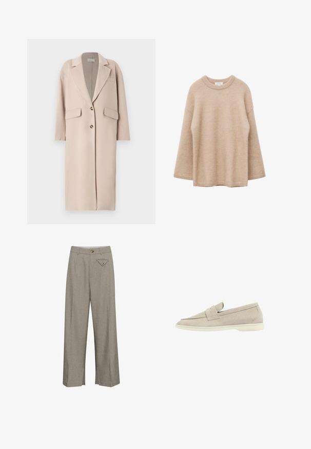 Manteau en mélange de laine beige avec un revers cranté, deux poches avant, trois boutons et une coupe droite, offrant une texture douce et une longueur moyenne.; Pull beige à manches longues avec col rond, texture douce et duveteuse, coupe décontractée, présenté sur un fond blanc.; Pantalons à jambes larges en tissu gris clair, avec une fermeture à bouton à l'avant, deux poches latérales et une poche arrière décorative en forme de losange.; Mocassin en suède beige clair avec une semelle blanche basse, un bout arrondi et une lanière cousue sur le dessus.