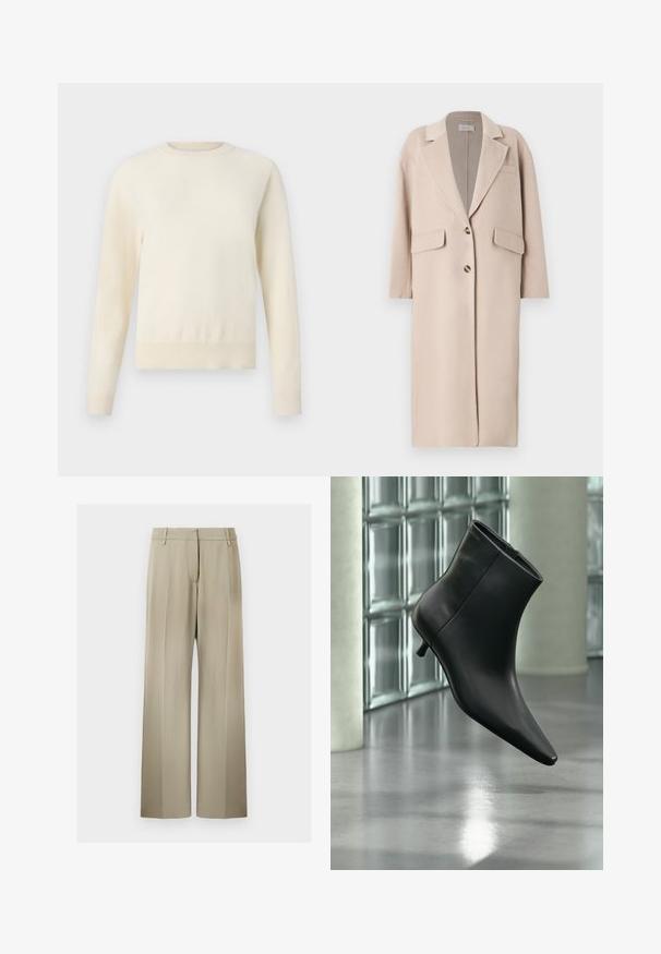 Beige uldblandingsfrakke med klapkrave, to forreste lommer, tre knapper og lige skæring, med blød tekstur og medium længde.; Lys cremefarvet sweater med lange ærmer, rund halsudskæring og ribbenet kant. Lavet af et blødt materiale med en glat tekstur.; Bredde benbukser i blød beige stof, med en flad front, beltdusk og en glat tekstur. Standard talje med ingen synlige mønstre.; Sort læderankelstøvle med spids tå og lav kitten-hæ, vist vinklet mod en poleret gulv- og glasblokvæg.