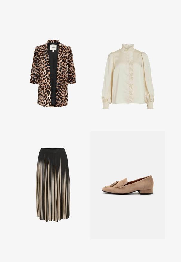 Leopardenmuster-Blazer mit Dreiviertelärmeln, offenem Vorderteil, schwarzer Fütterung und zwei Seitentaschen. Hergestellt aus einem weichen, strukturierten Stoff.; Cremfarbene Bluse mit gerüschtem Vorderteil, hohem Kragen und Puffärmeln. Aus glattem Material gefertigt, mit Knopfverschlüssen und gerafften Manschetten.; Faltender Midirock in Schwarz und Beige mit einem hohen elastischen Bund, der vertikale Streifen aufweist und ein fließendes Design für Bewegungsfreiheit bietet.; Beiger Veloursleder-Loafer mit niedrigem Absatz, Troddelverzierung vorne und abgerundeter Spitze, von der Seite vor weißem Hintergrund gezeigt.