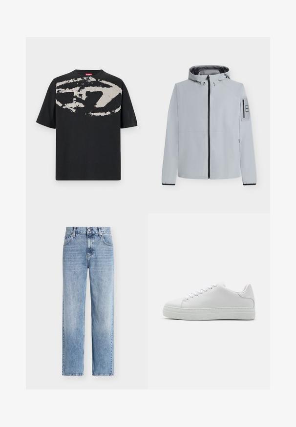 Lysegrå hættejakke med sort lynlås, lange ærmer og lille lynlåslomme på venstre arm med label.; Sort t-shirt med et stort, abstrakt lys grå grafik foran. Korte ærmer og en klassisk rund halsudskæring. Materialet er bomuld.; Lyseblå straight-leg denim jeans med frontknap, lynlås og fem-lomme design på hvid baggrund.; Hvide lædersneakers med en chunky platformsål, rund tå og seks snørehuller. Glat tekstur med subtile syninger.