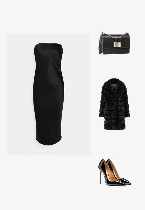Zwarte nepbontjas met een luxe, geribbelde textuur, brede kraag en een rechte silhoeet. Geen zichtbare hardware of versieringen.; Gina Tricot TUBE MIDI DRESS - Cocktailjurk - black; Een paar glanzende zwarte lakleren pumps met puntige neus, naaldhakken en een beige binnenvoering op een witte achtergrond.; Zwarte schoudertas van leer met textuur, voorzien van een gouden kettingriem en een goudkleurige rechthoekige sluiting op de voorklep.