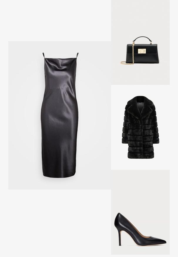 Schwarzer Kunstpelz-Mantel mit einer samtigen, gerippten Textur, breitem Kragen und geradem Schnitt. Keine sichtbaren Beschläge oder Verzierungen.; Samsøe Samsøe FREDERICKA LONG DRESS - Cocktailkleid/festliches Kleid - ombre dark; Schwarze Leder-Pumps mit hohem Absatz, spitzem Schuhkopf und schlankem Stiletto-Absatz. Die glatte Textur und die minimalen Details verleihen ein klassisches Design.; Schwarze Lederhandtasche mit einer strukturierten Form, die einen oberen Griff und einen goldfarbenen Kettenriemen besitzt. Dekorative goldene Beschläge mit Logodetail.