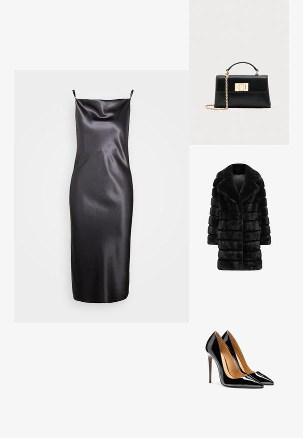 Sort faux fur frakke med en blød, ribbad tekstur, bred krave og en lige silhuet. Ingen synlig hardware eller udsmykninger.; Samsøe Samsøe FREDERICKA LONG DRESS - Cocktailkjole / festkjole - ombre dark; Par af blanke sorte højhælede sko i laklæder med spids tå og stiletter samt lysebrun indvendig foret på hvid baggrund.; Sort læderhåndtaske med struktureret form, udstyret med en øverste hank og en guldtonet kæderem. Dekorative guldhardware med logodetalje.
