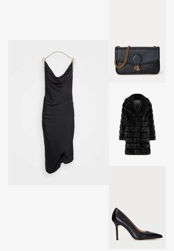 Musta tekoturkis takki, jossa on pörröinen, uurrettu pinta, leveä kaulus ja suora siluetti. Ei näkyviä kiinnityksiä tai koristeita.; Et Ochs ILA CHAIN COWL NECK MIDI DRESS - Juhlamekko - black; Musta nahkainen korokepumppu, jossa on teräväkärkinen muotoilu ja hoikka stiletto-korko. Sileä pinta ja vähäinen yksityiskohtaisuus luovat klassisen muotoilun.; Musta teksturoitu nahkainen olkalaukku, jossa kullanvärinen ketjuhihna ja kullanvärinen RLL-logo etuklappisulussa.